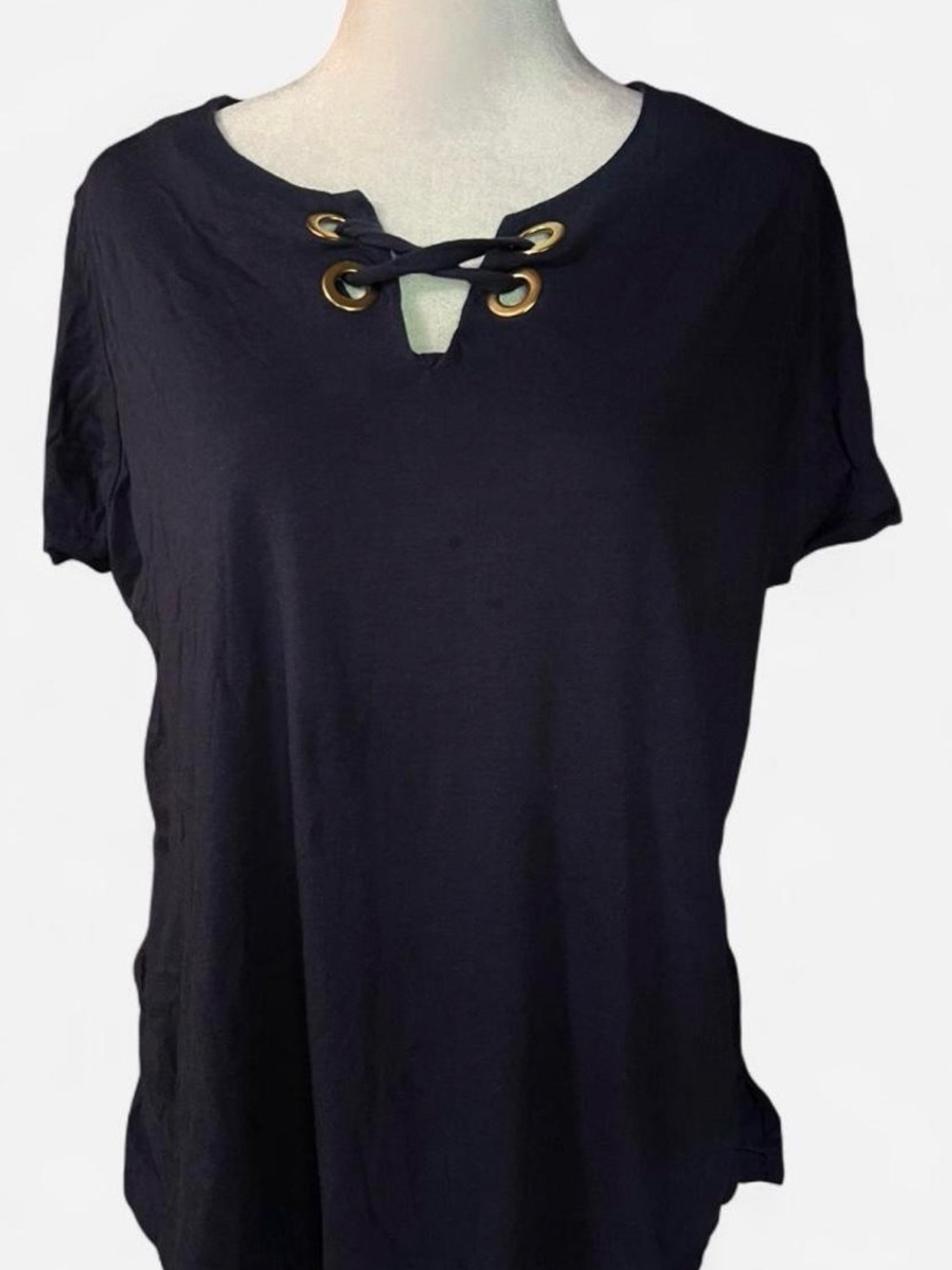 Michael Kors Black Short Sleeve Lace-Up Top with Gold Eyelets